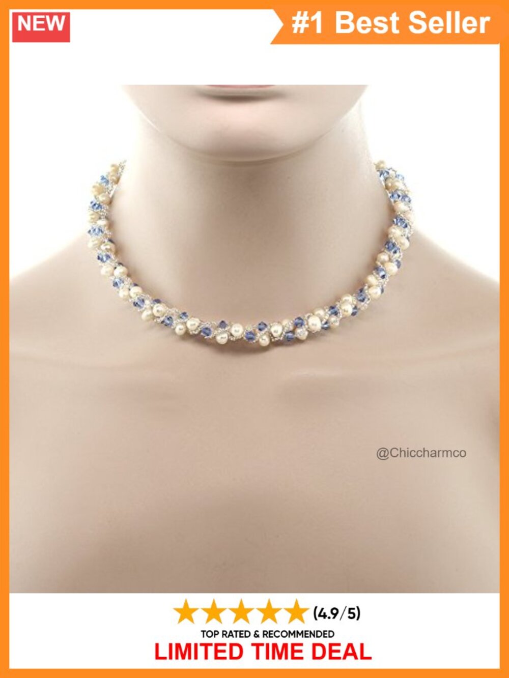 Freshwater Pearl Crystal Necklace Bracelet Set 17in 6.5in Women - Picture 3 of 6